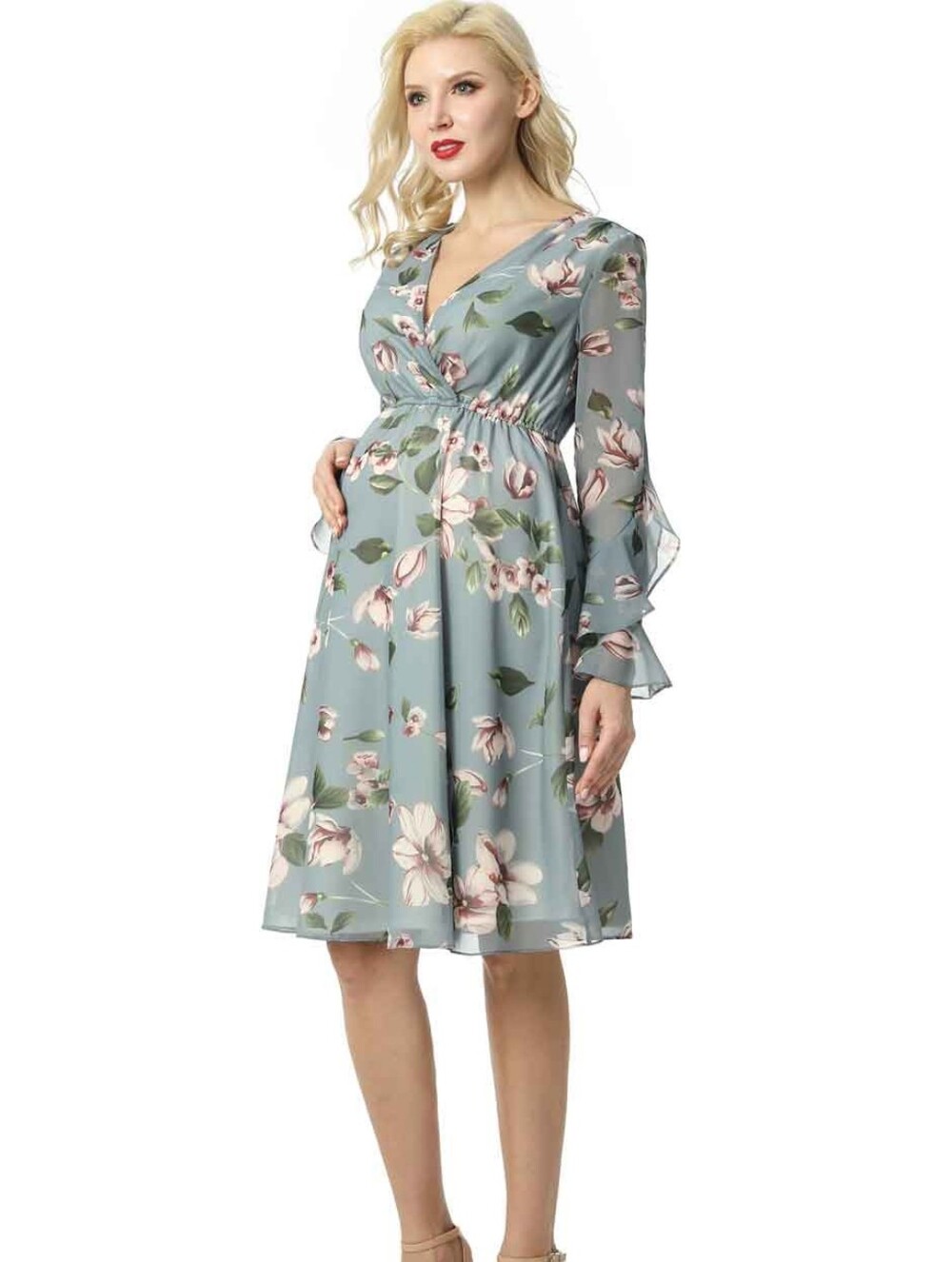 Kimi & Kai Floral Maternity Wrap Dress in Dusty Blue